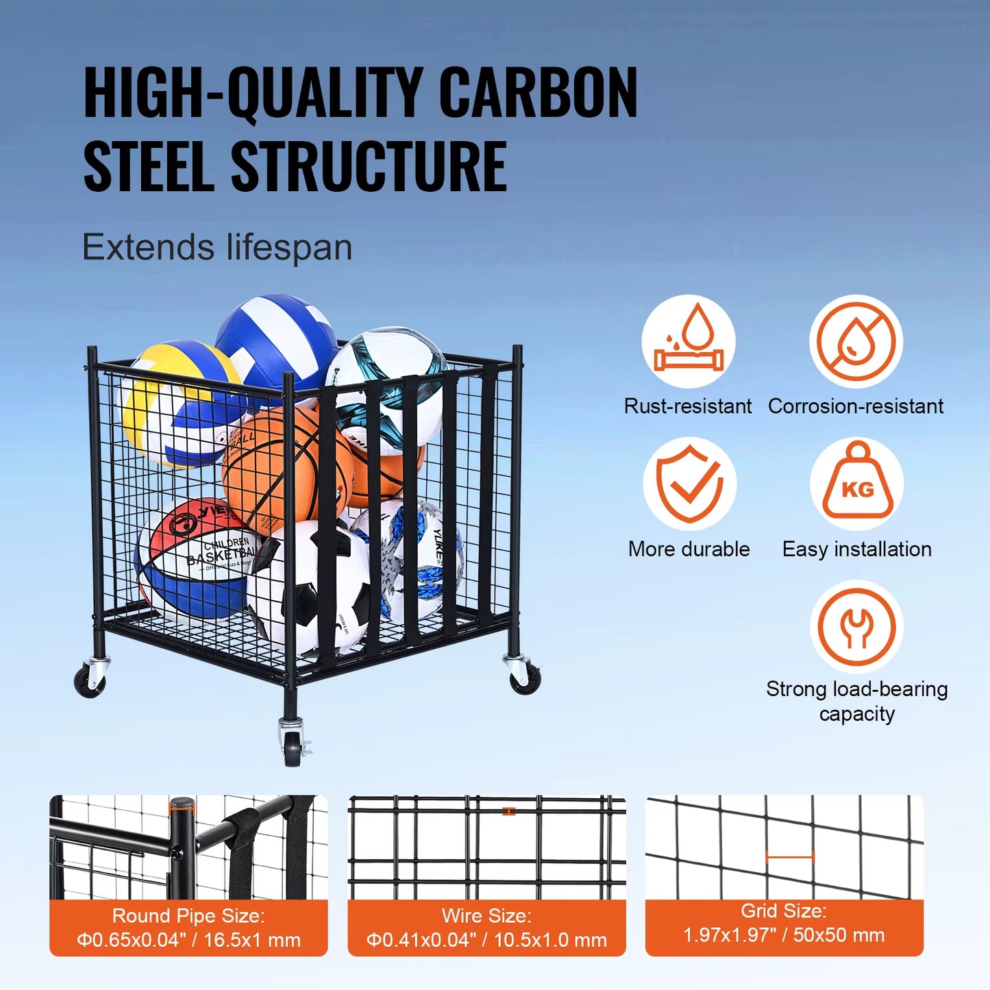 Succebuy Rolling Sports Ball Storage Cart Sport Equipment for Indoor Outdoor Steel Storage Rack for Garages Gym and Schools