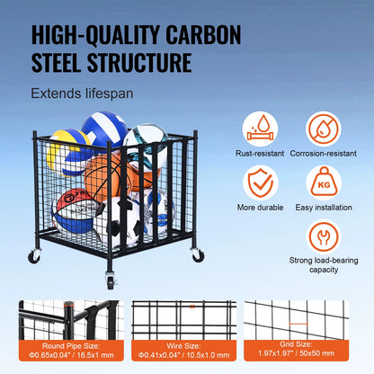Succebuy Rolling Sports Ball Storage Cart Sport Equipment for Indoor Outdoor Steel Storage Rack for Garages Gym and Schools
